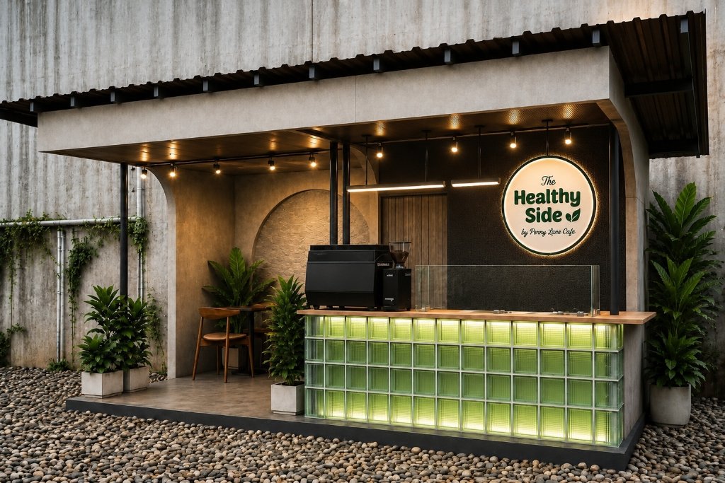 The Healthy Side outdoor bar and espresso counter at Penny Lane Café